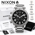 Nixon 51-30 Chrono A083-000 polished silver men's watch with black dial, shown with box, manual and pouch