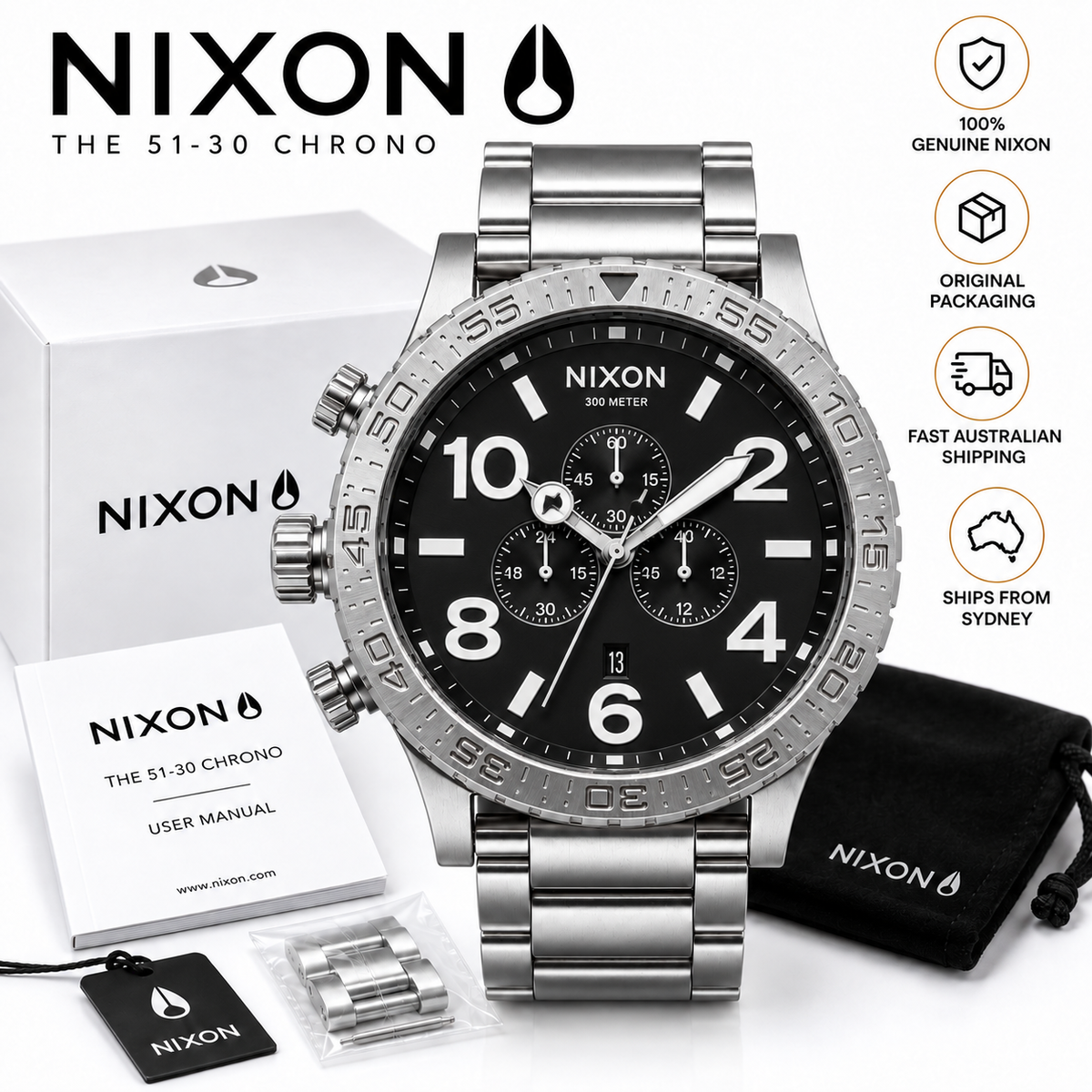 Nixon 51-30 Chrono A083-000 polished silver men's watch with black dial, shown with box, manual and pouch