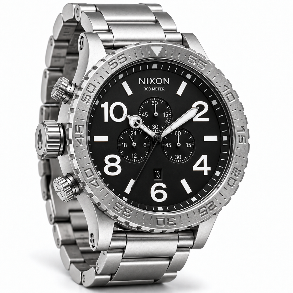 Nixon 51-30 Chrono A083-000 angled view showing black dial, rotating bezel and left-side crown and pushers