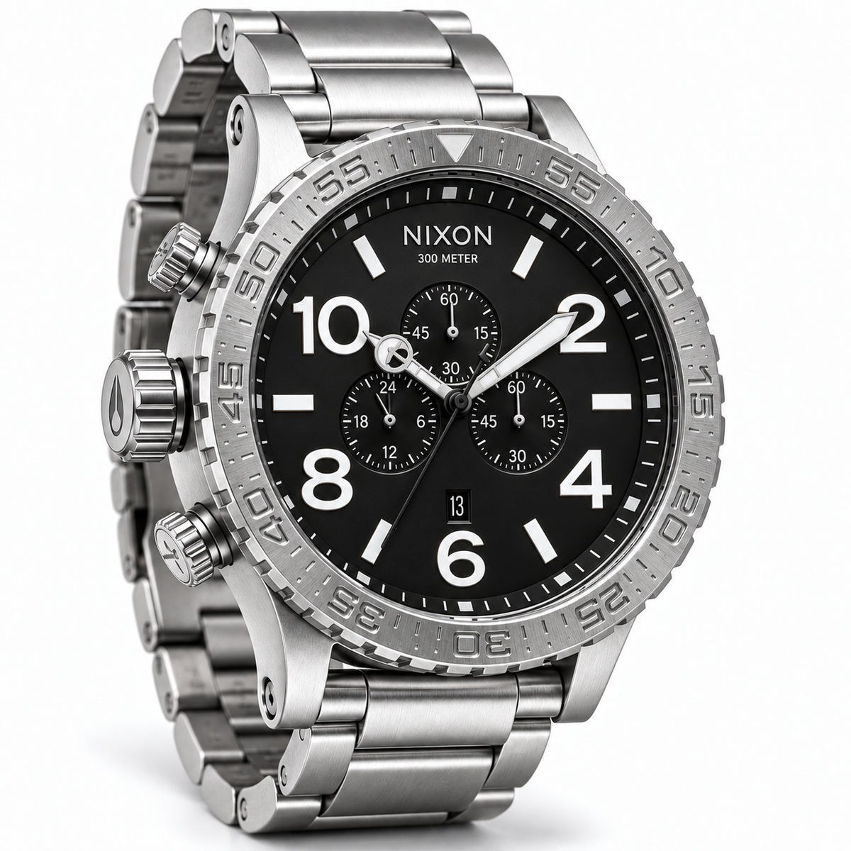 Nixon 51-30 Chrono A083-000 angled view showing black dial, rotating bezel and left-side crown and pushers