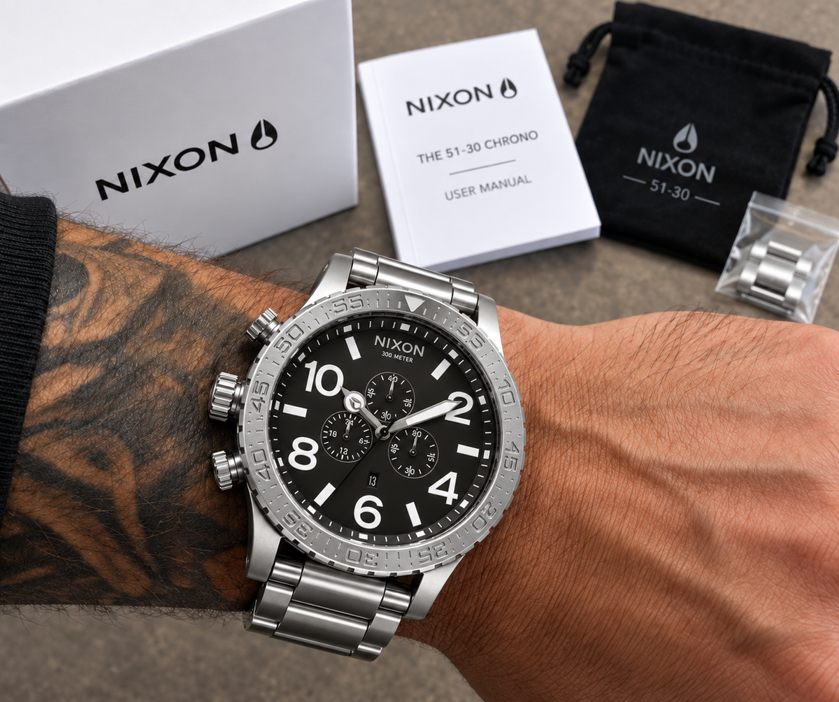 Nixon 51-30 Chrono A083-000 worn on the wrist, showing 51mm silver case and black dial