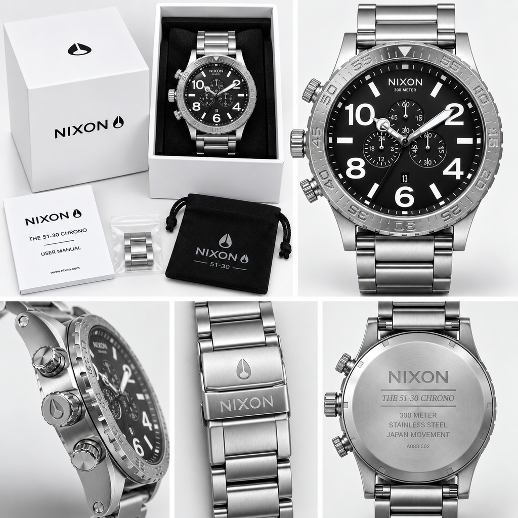 Nixon 51-30 Chrono A083-000 detail views: dial, left-side crown, stainless steel bracelet clasp and case back
