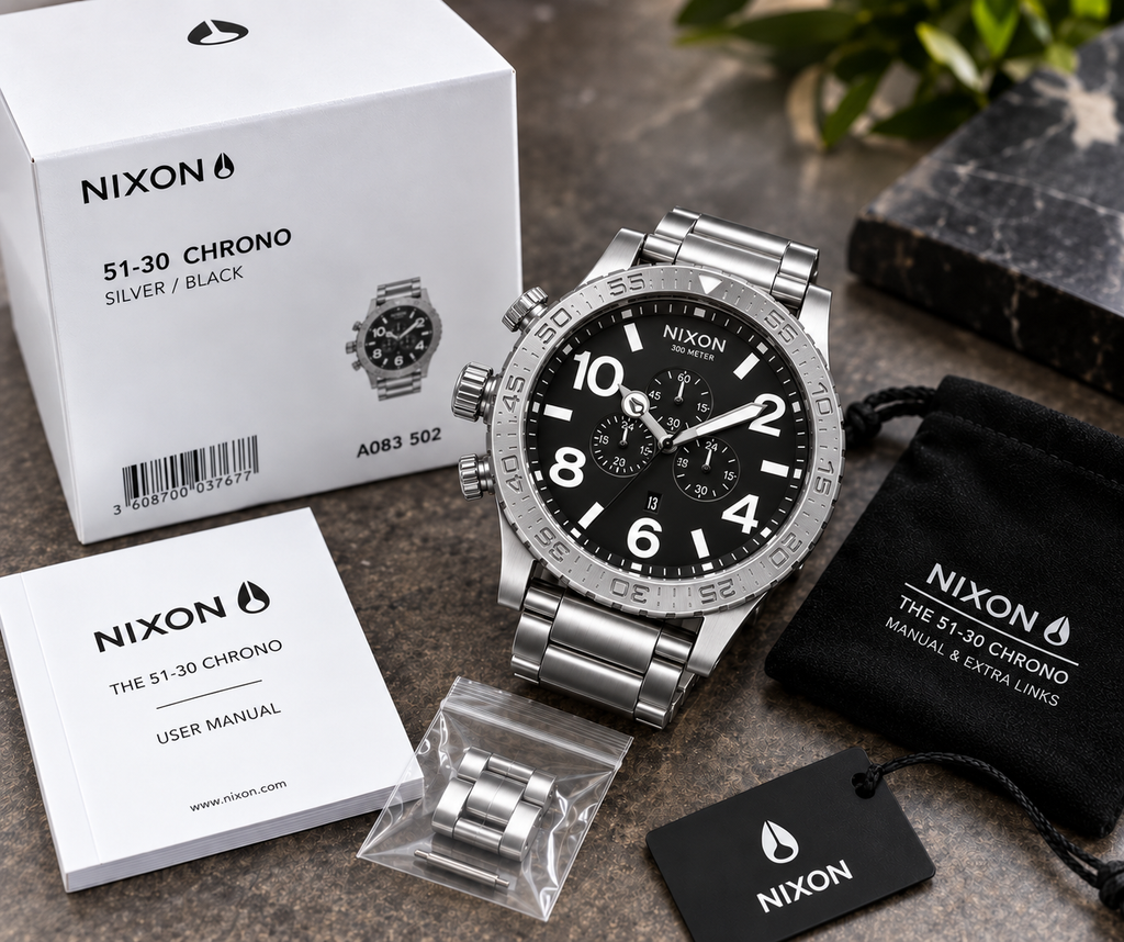 Nixon 51-30 Chrono A083-000 silver and black with original Nixon box, user manual, pouch, tag and spare links