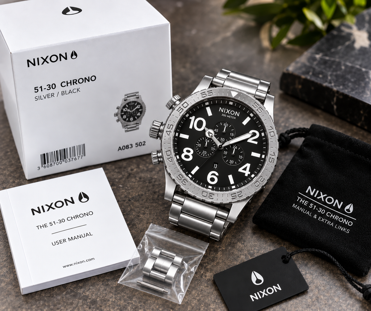 Nixon 51-30 Chrono A083-000 silver and black with original Nixon box, user manual, pouch, tag and spare links