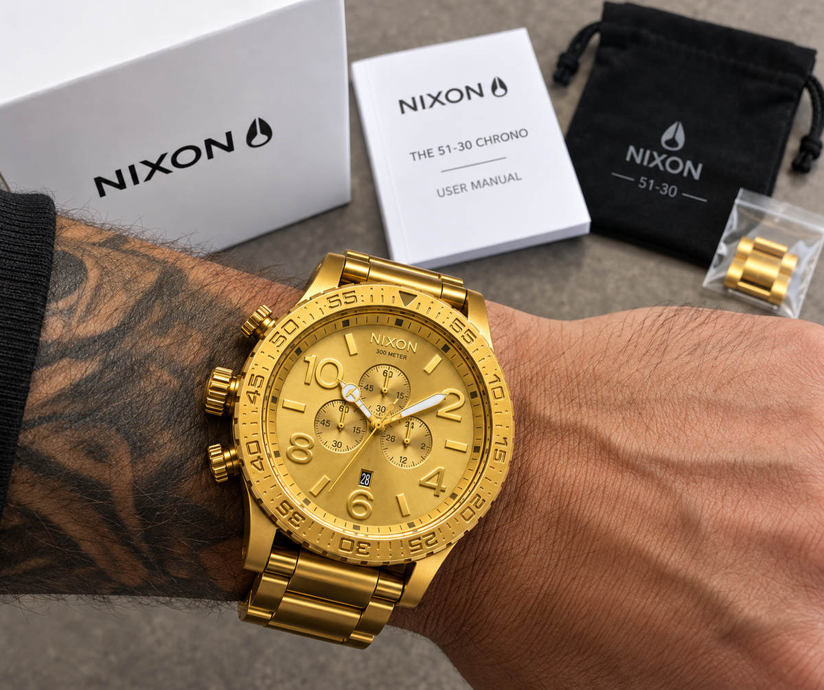 Nixon 51-30 Chrono in All Gold — dial detail
