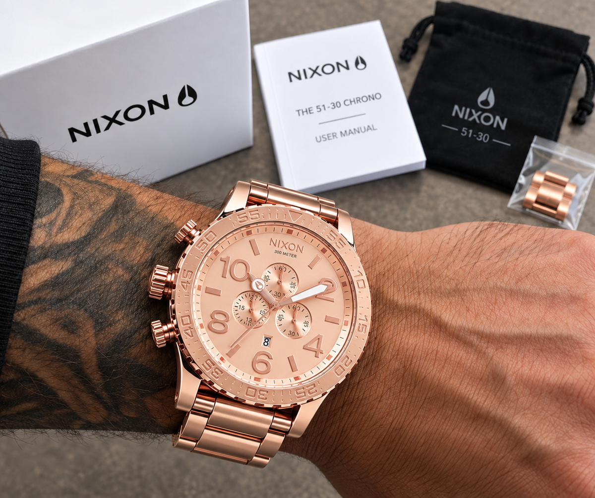Nixon 51-30 Chrono in All Rose Gold — dial detail