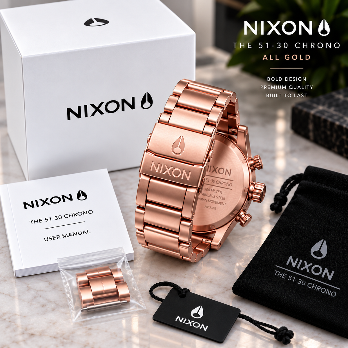 Nixon 51-30 Chrono in All Rose Gold — men's watch, view 6