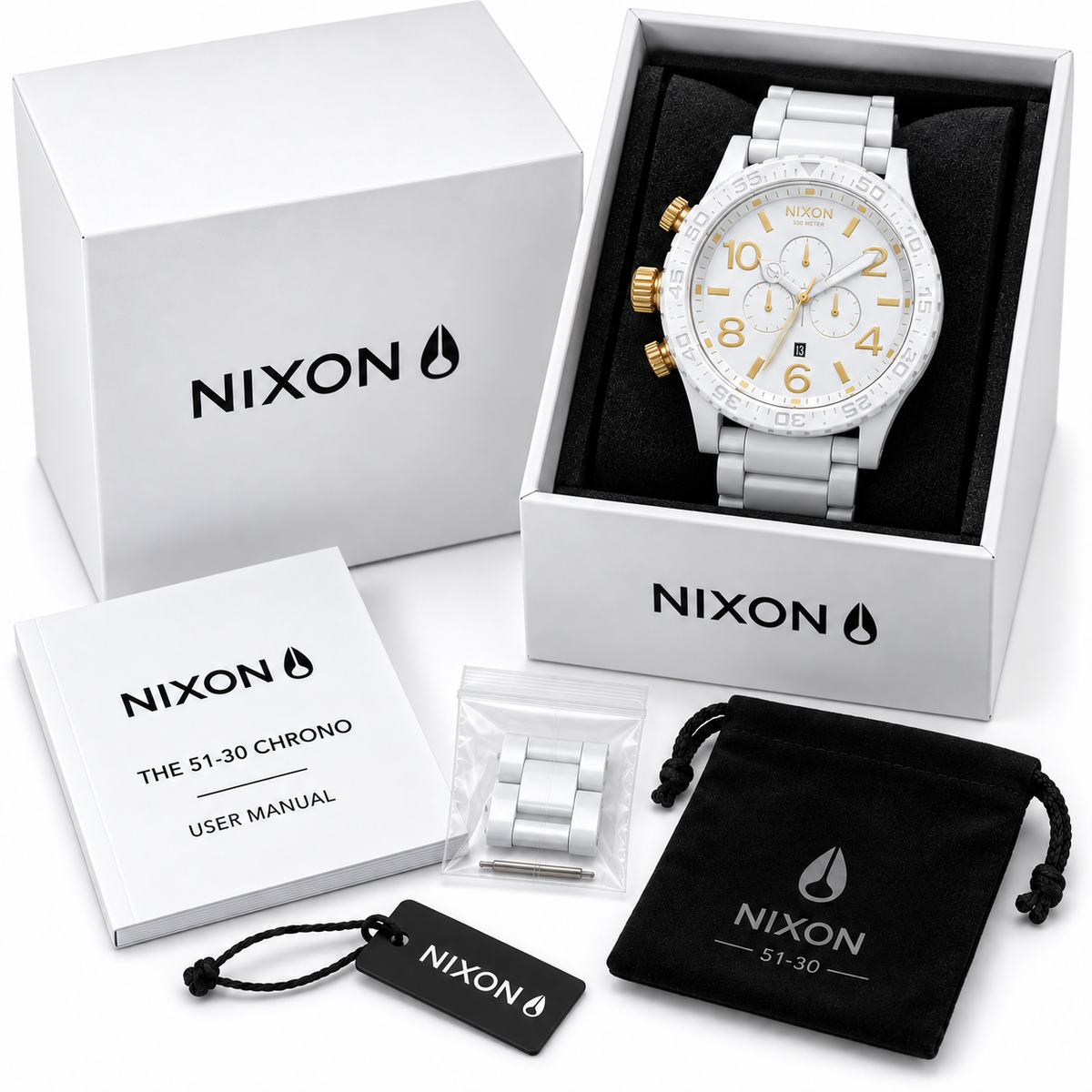Nixon 51-30 Chrono in All White Gold — alternate angle