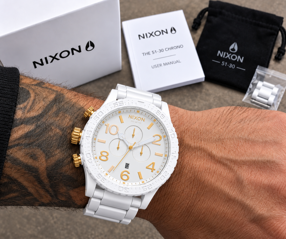 Nixon 51-30 Chrono in All White Gold — dial detail