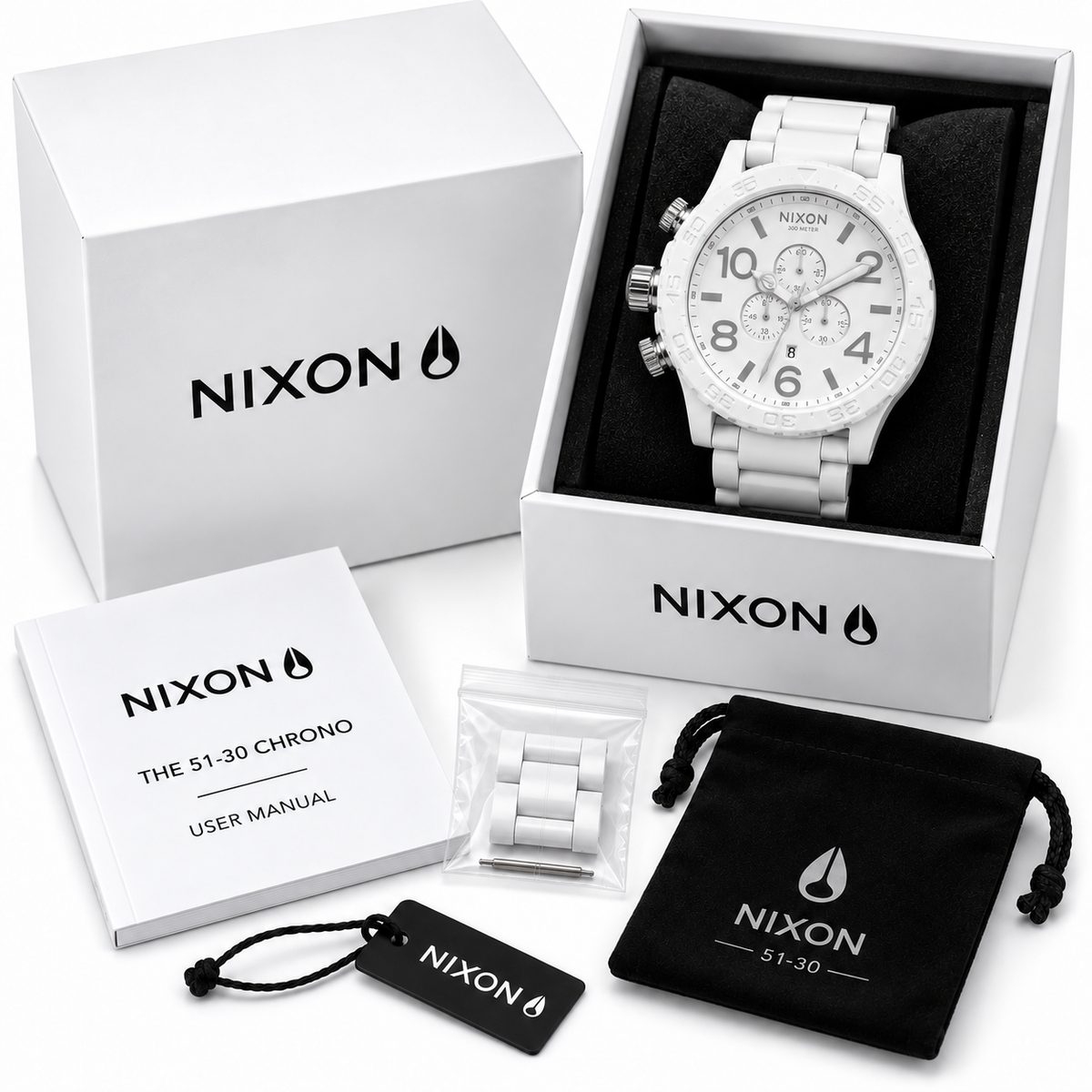 Nixon 51-30 Chrono in All White Silver — alternate angle