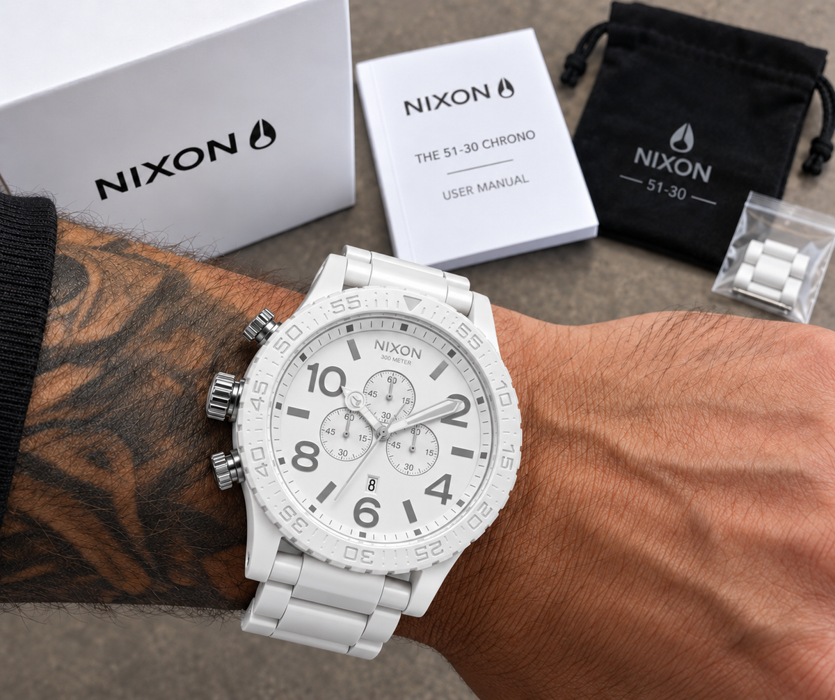 Nixon 51-30 Chrono in All White Silver — dial detail