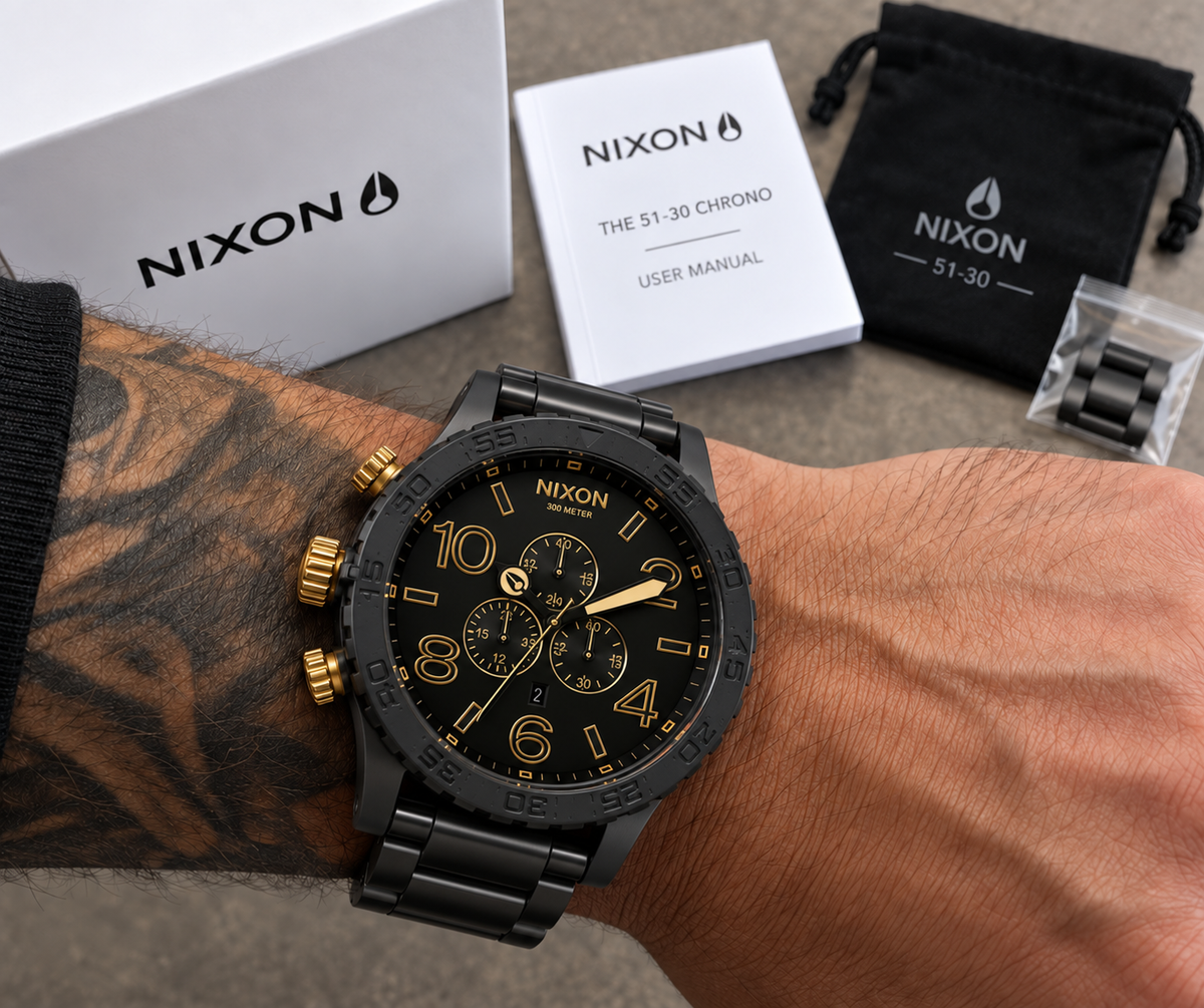 Nixon 51-30 Chrono in Black Gold — dial detail