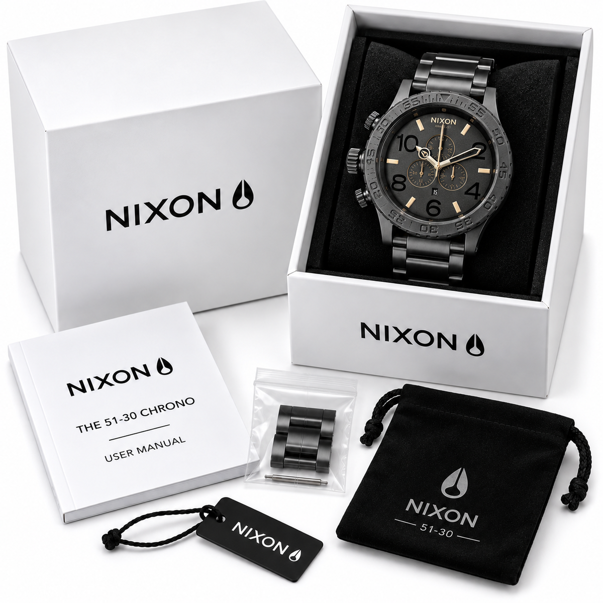Nixon 51-30 Chrono in Black Rose Gold — alternate angle