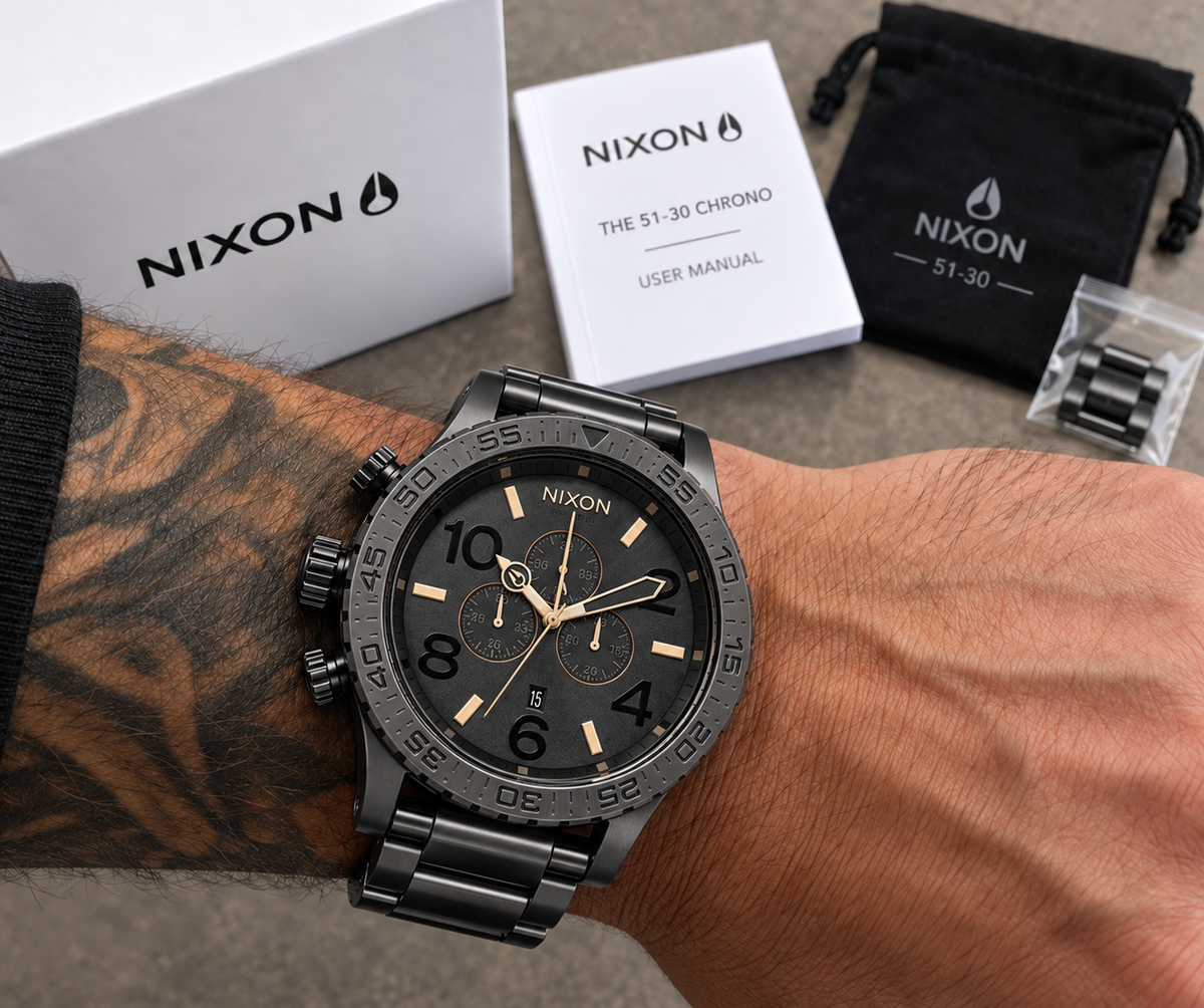 Nixon 51-30 Chrono in Black Rose Gold — dial detail