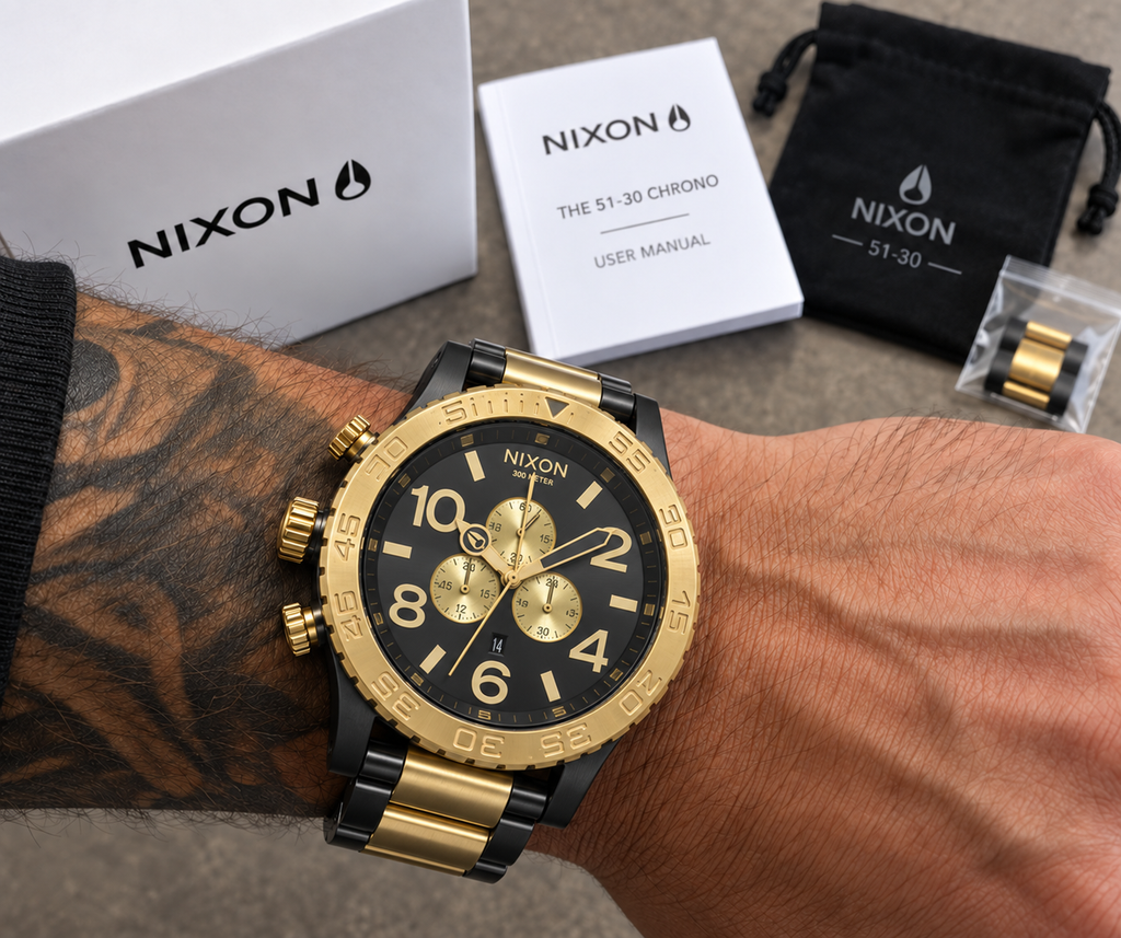 Nixon 51-30 Chrono in Gunmetal Gold — dial detail