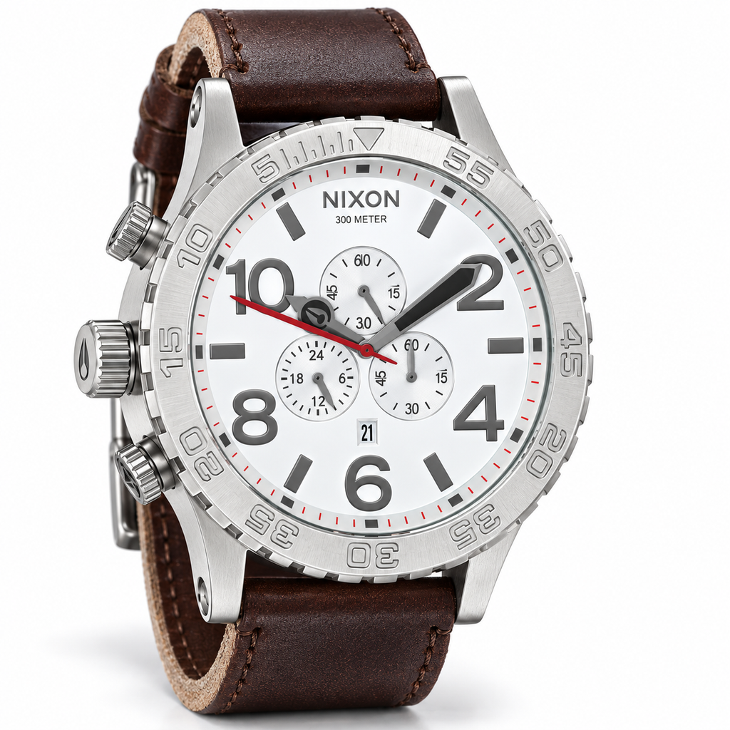 Nixon 51-30 Chrono chronograph watch in Silver White Brown, 51mm case
