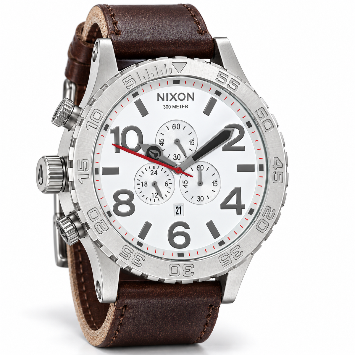 Nixon 51-30 Chrono chronograph watch in Silver White Brown, 51mm case