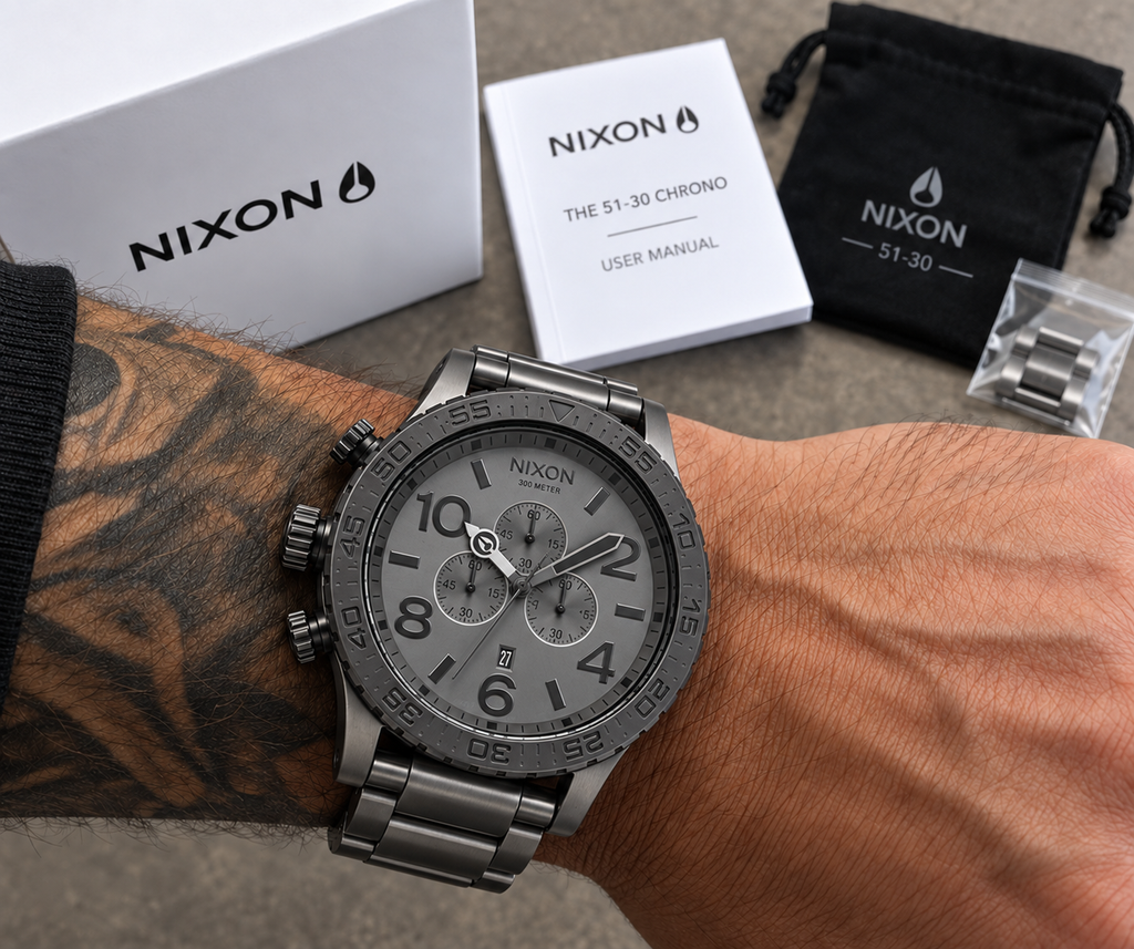 Nixon 51-30 Chrono in Matt Black Gunmetal — dial detail