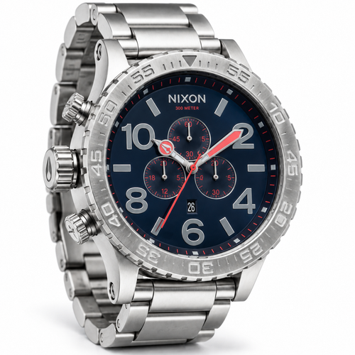 Nixon 51-30 Chrono chronograph watch in All Silver / Navy / Red, 51mm case