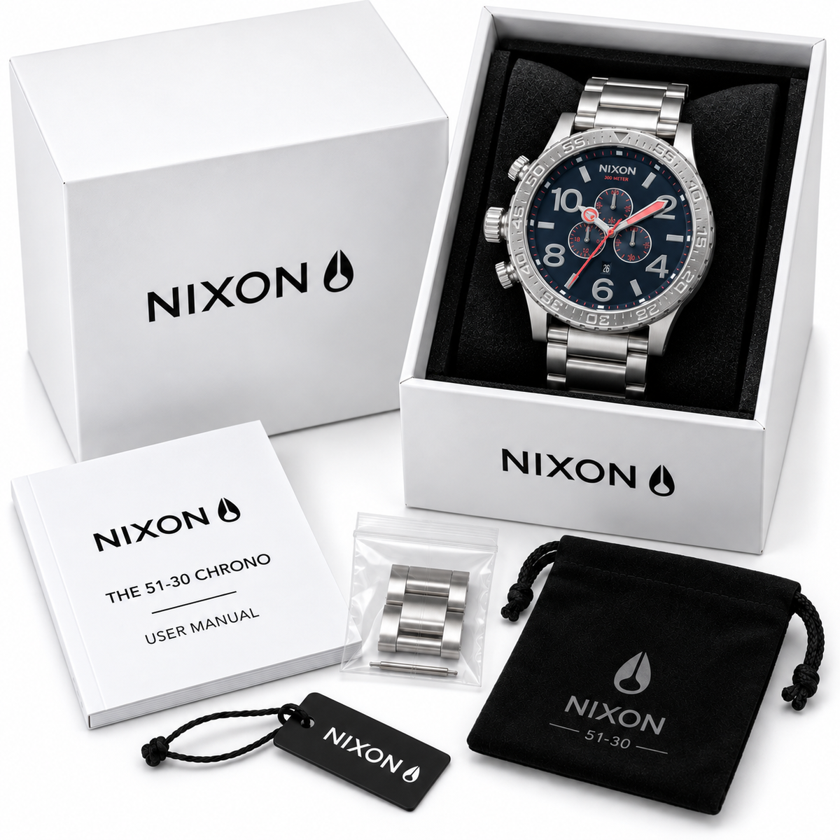 Nixon 51-30 Chrono in All Silver / Navy / Red — alternate angle