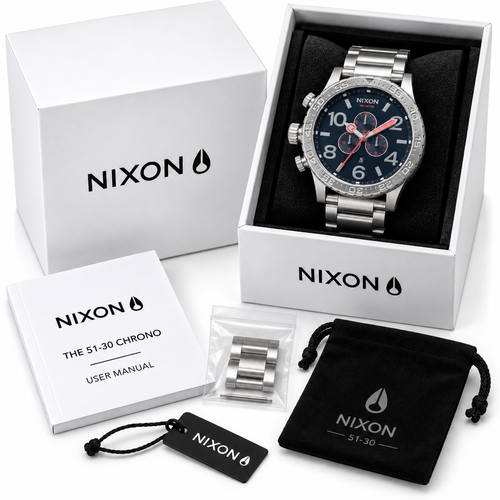 Nixon 51-30 Chrono in All Silver / Navy / Red — alternate angle
