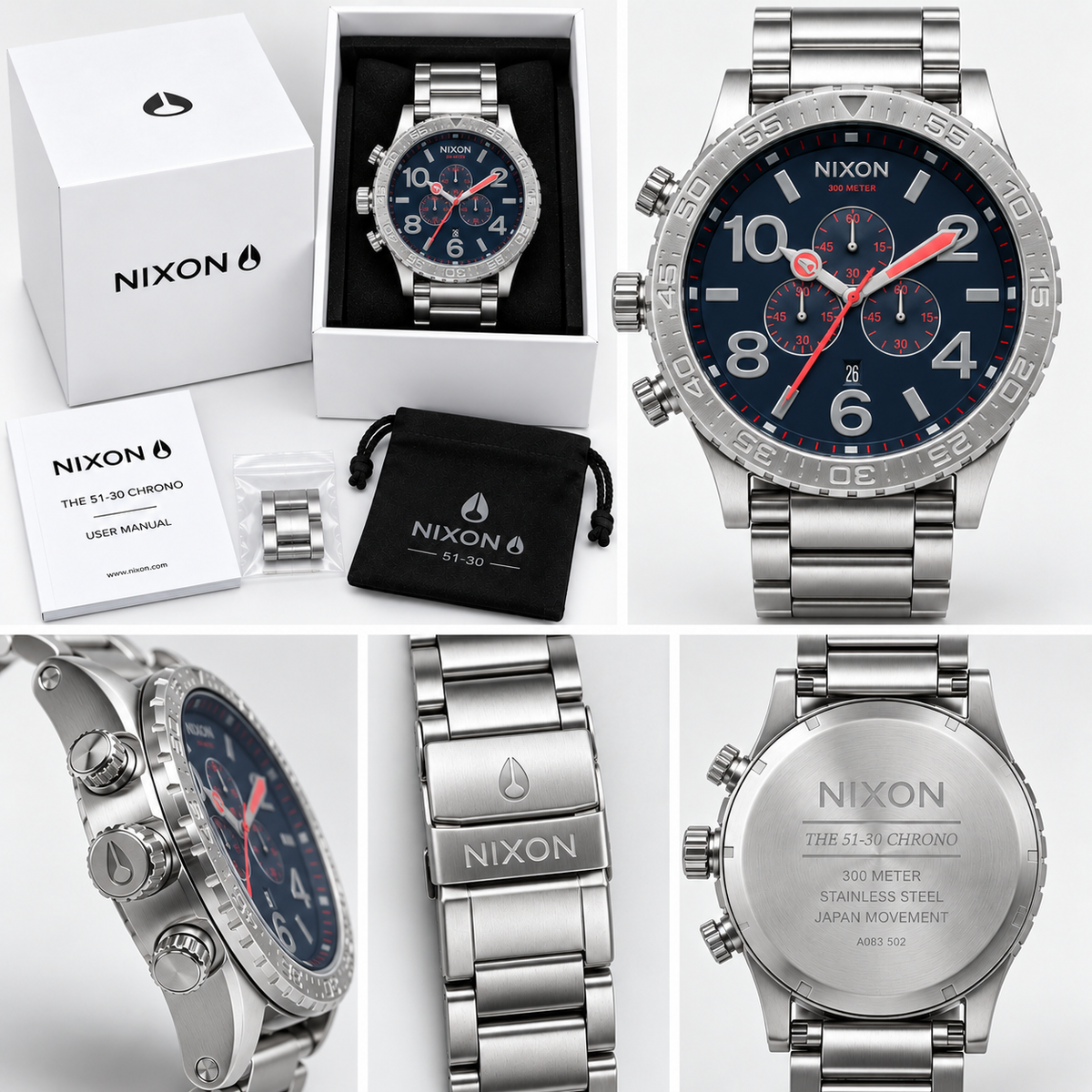 Nixon 51-30 Chrono in All Silver / Navy / Red — men's watch, view 4