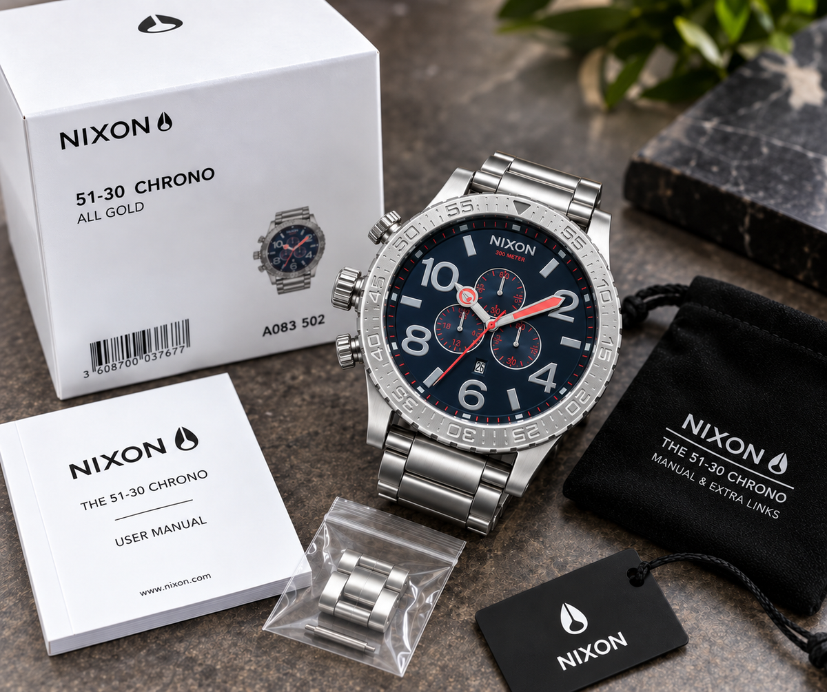 Nixon 51-30 Chrono in All Silver / Navy / Red — men's watch, view 5